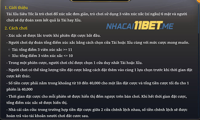 Cách chơi Tài xỉu siêu tốc tại V-Gaming 11Bet
