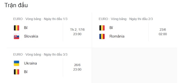 Lịch thi đấu vòng bảng Euro 2024 của đội tuyển Bỉ